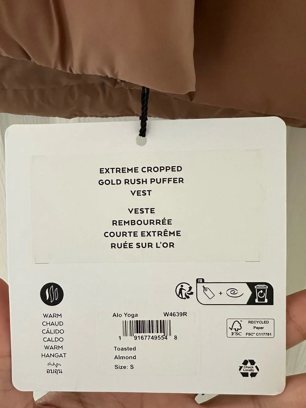 NWT ALO Yoga Extreme Cropped Gold Rush Puffer Vest